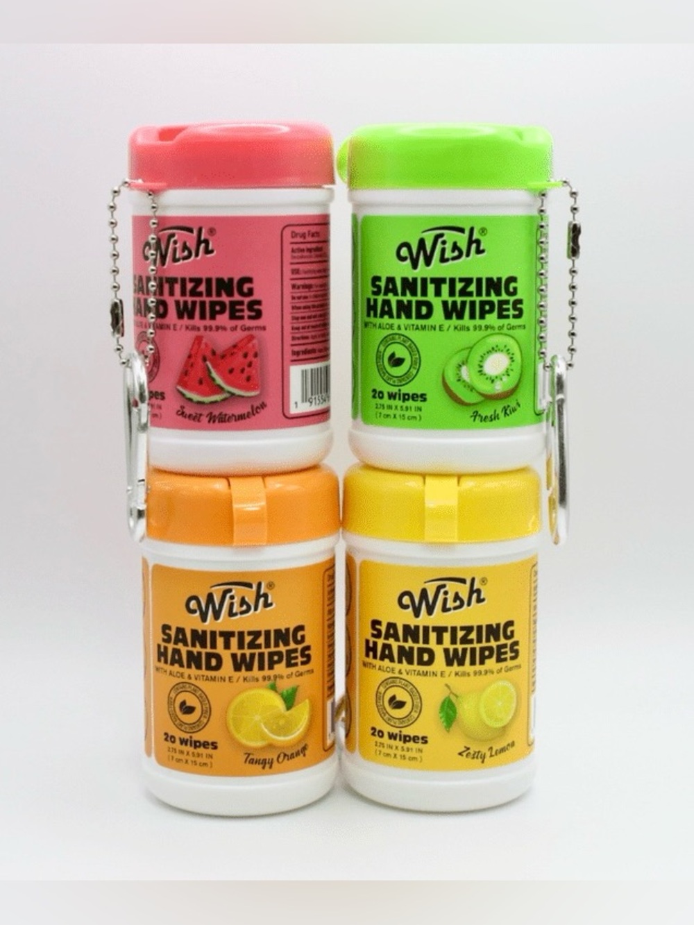 Wish Set of 4 Mini Sanitizing Hand Wipes Keychain Holders with Clips